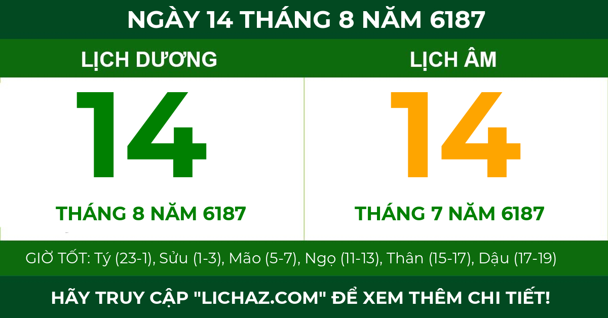 lịch âm ngày 14 tháng 8 năm 6187