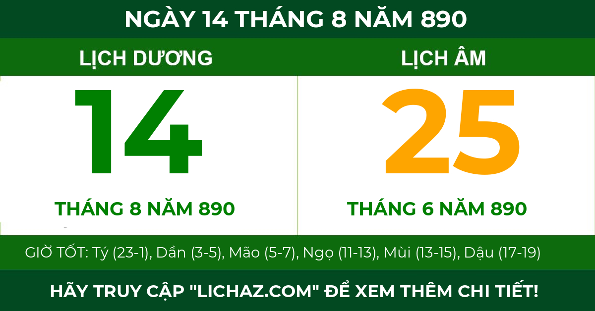 lịch âm ngày 14 tháng 8 năm 890