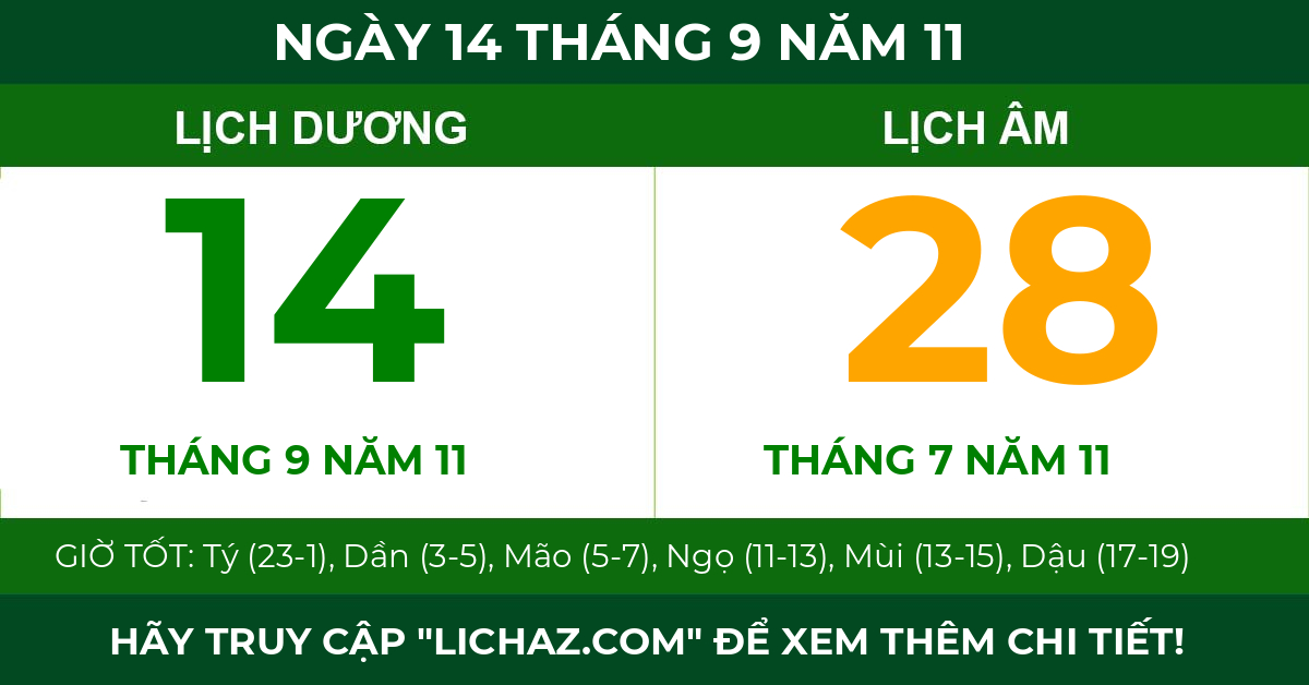 lịch âm ngày 14 tháng 9 năm 11