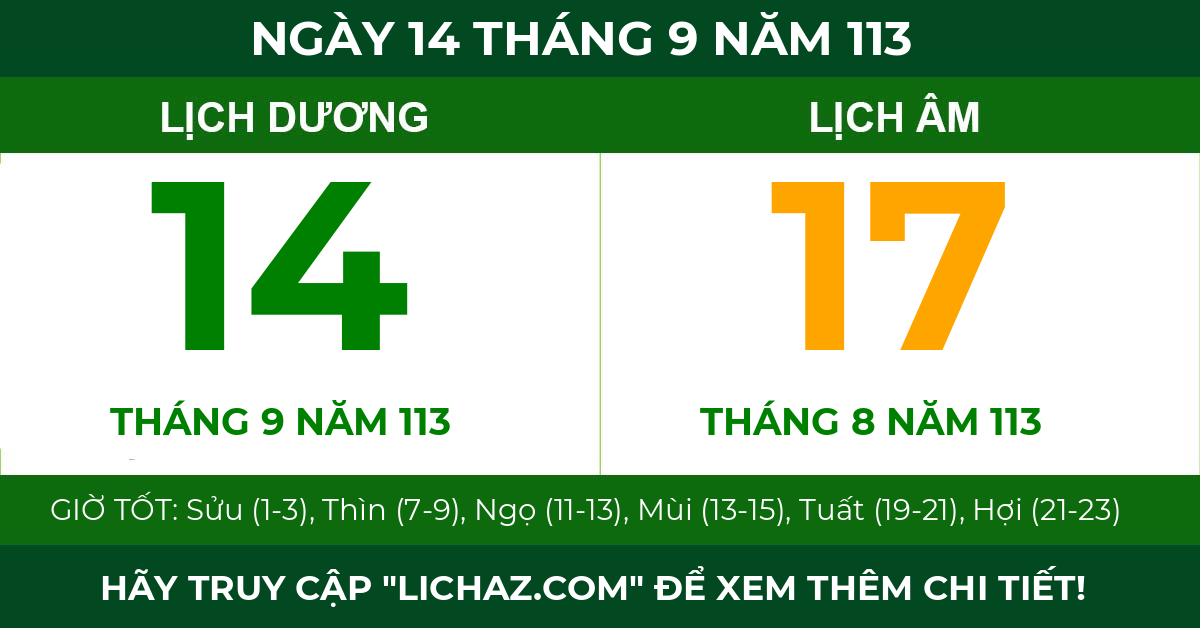 lịch âm ngày 14 tháng 9 năm 113