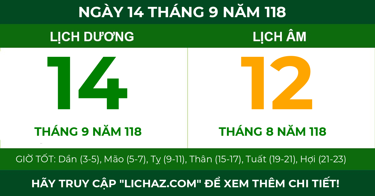 lịch âm ngày 14 tháng 9 năm 118