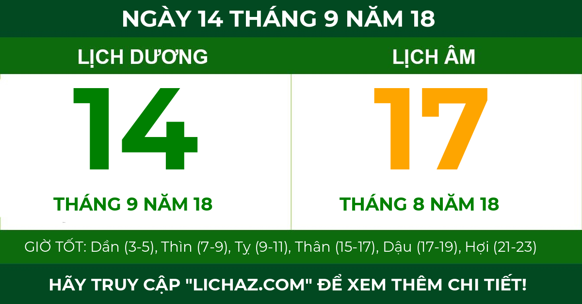lịch âm ngày 14 tháng 9 năm 18