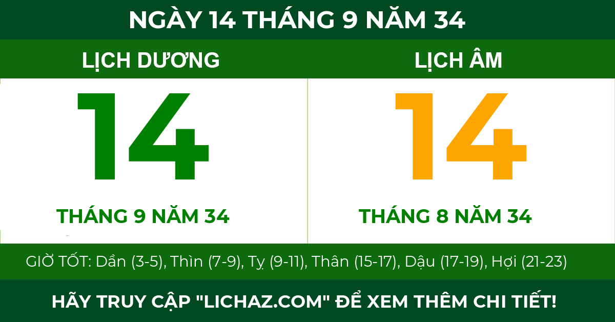 lịch âm ngày 14 tháng 9 năm 34