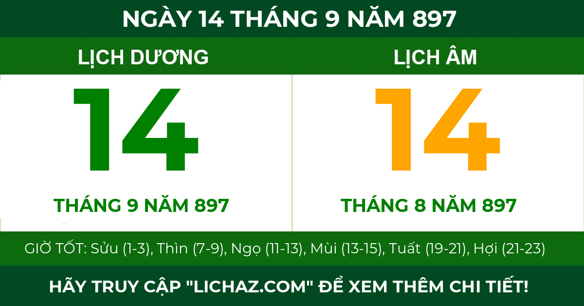 lịch âm ngày 14 tháng 9 năm 897
