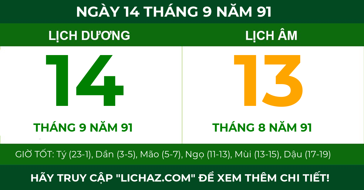 lịch âm ngày 14 tháng 9 năm 91