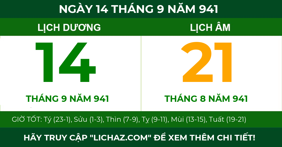 lịch âm ngày 14 tháng 9 năm 941