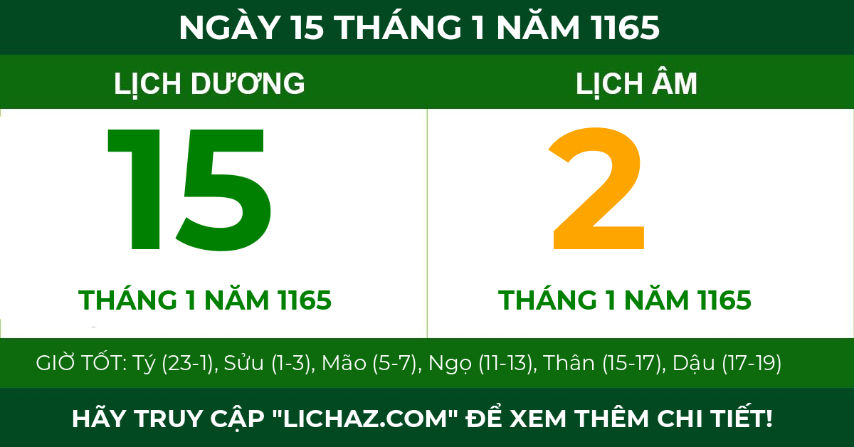 lịch âm ngày 15 tháng 1 năm 1165