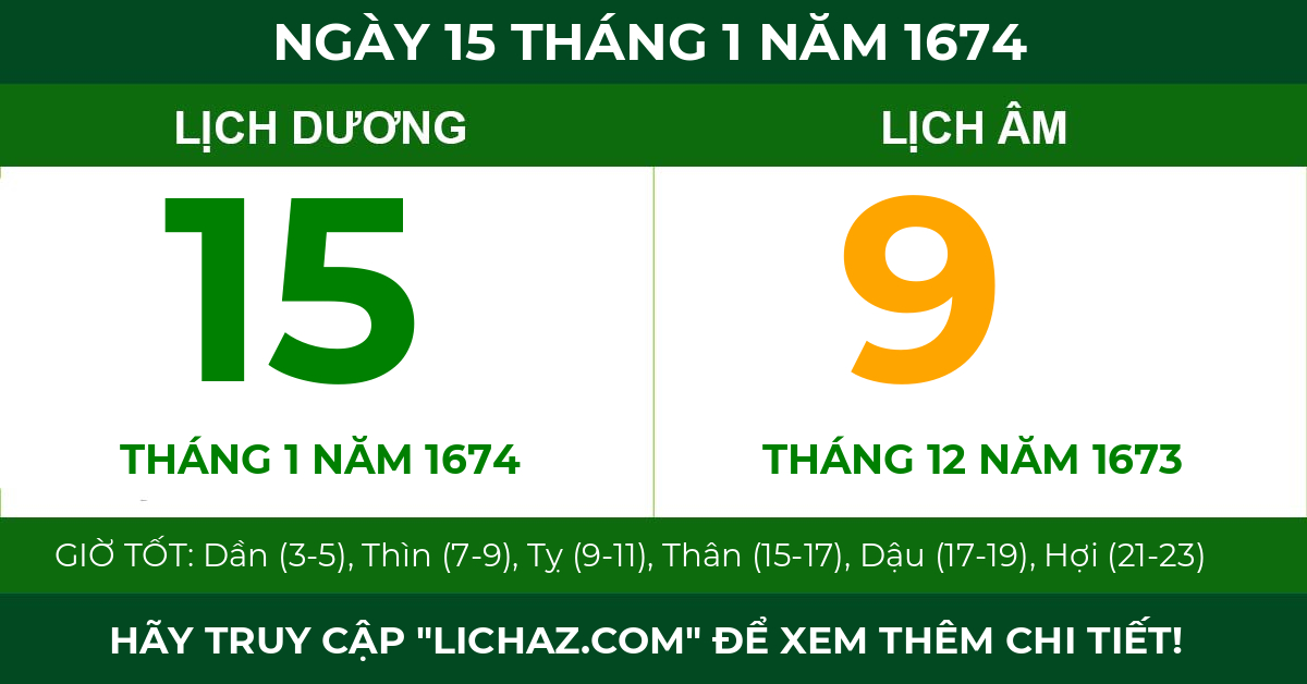 lịch âm ngày 15 tháng 1 năm 1674