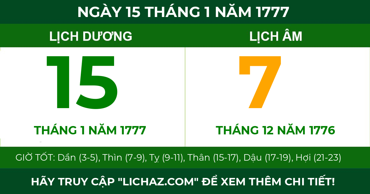 lịch âm ngày 15 tháng 1 năm 1777