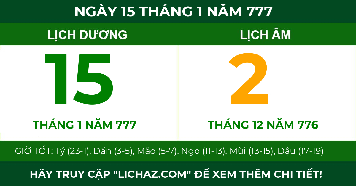 lịch âm ngày 15 tháng 1 năm 777