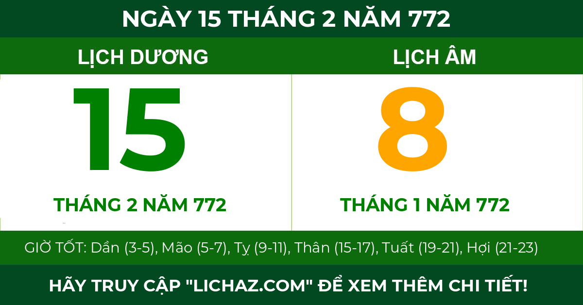 lịch âm ngày 15 tháng 2 năm 772