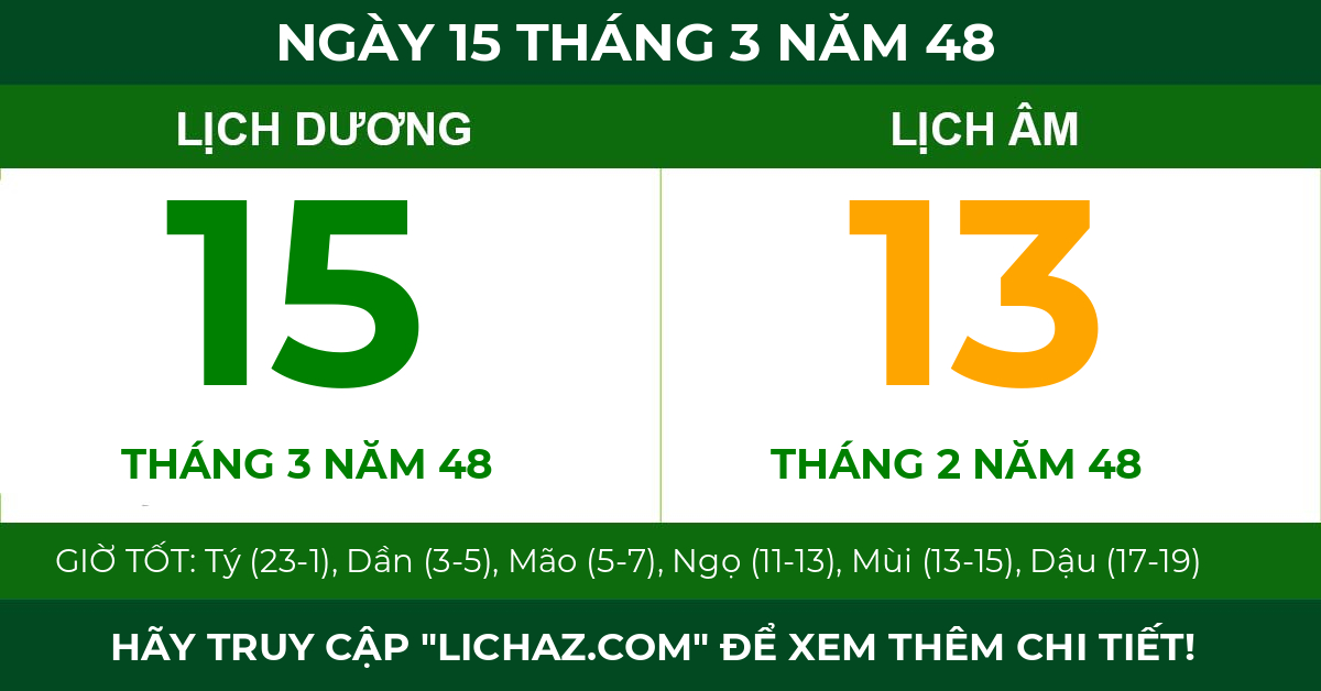 lịch âm ngày 15 tháng 3 năm 48