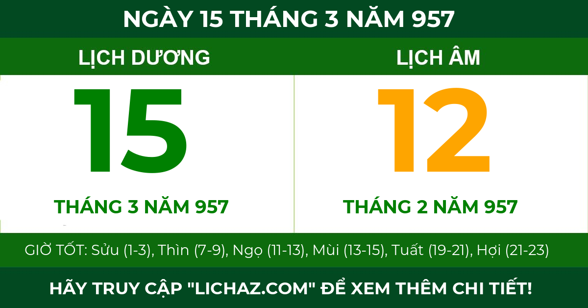 lịch âm ngày 15 tháng 3 năm 957