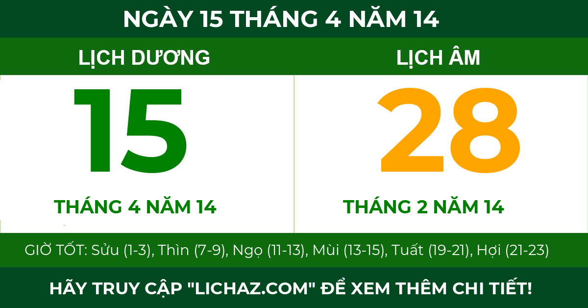 lịch âm ngày 15 tháng 4 năm 14