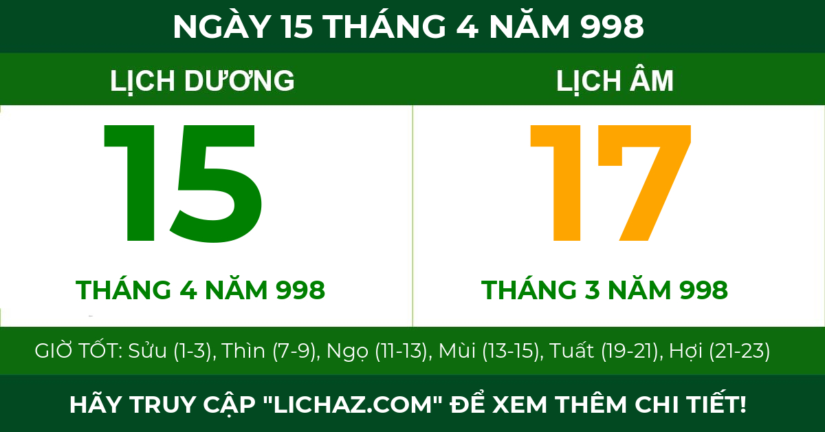 lịch âm ngày 15 tháng 4 năm 998