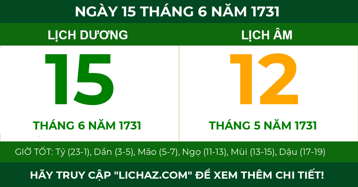 lịch âm ngày 15 tháng 6 năm 1731