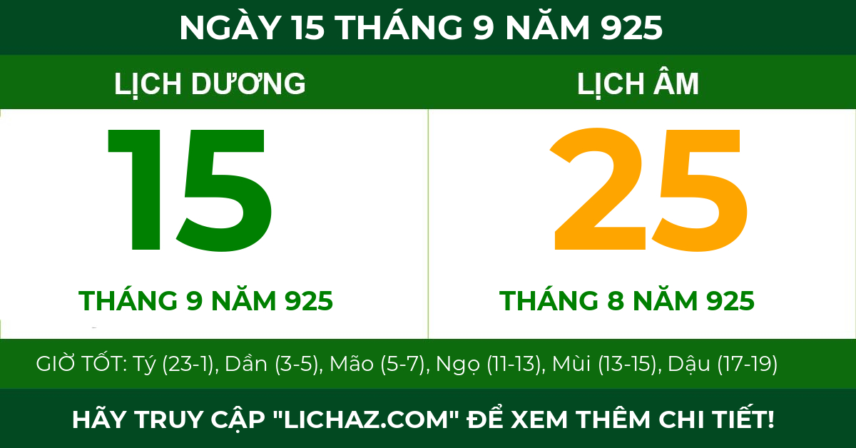 lịch âm ngày 15 tháng 9 năm 925