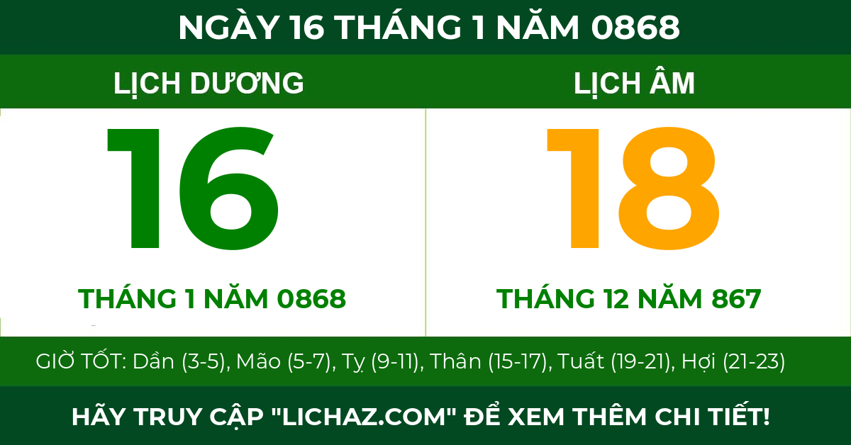 lịch âm ngày 16 tháng 1 năm 0868