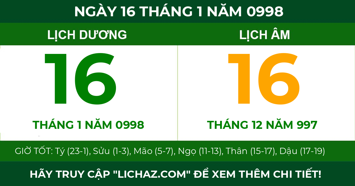 lịch âm ngày 16 tháng 1 năm 0998
