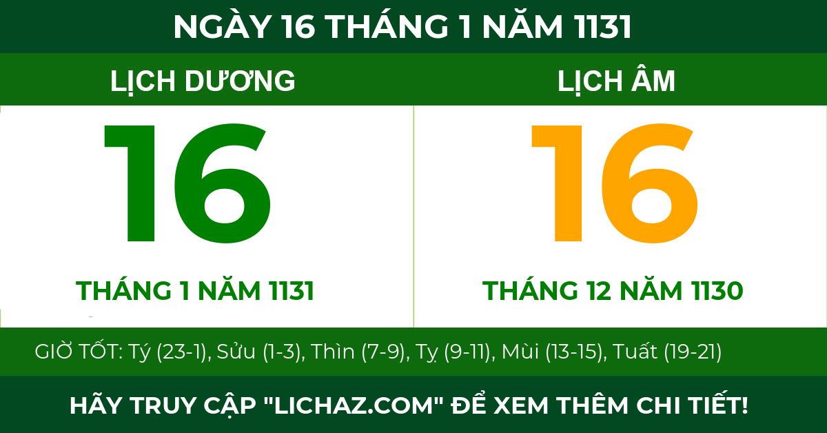 lịch âm ngày 16 tháng 1 năm 1131