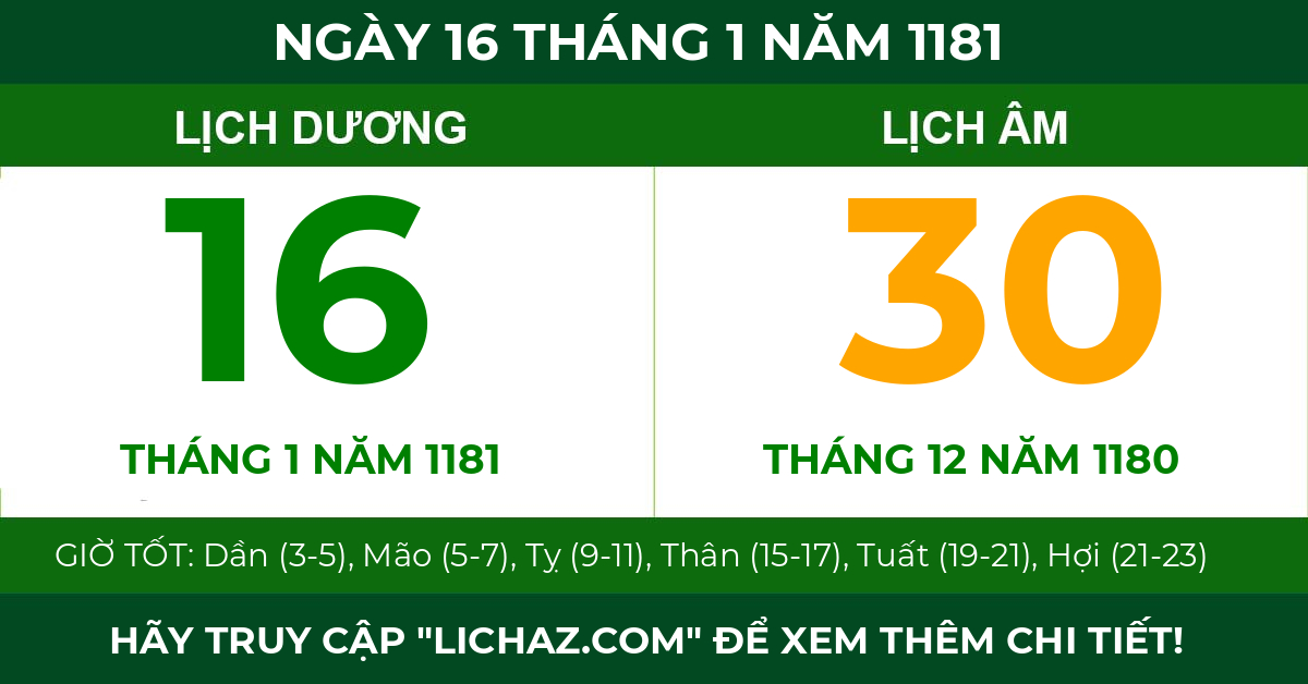 lịch âm ngày 16 tháng 1 năm 1181