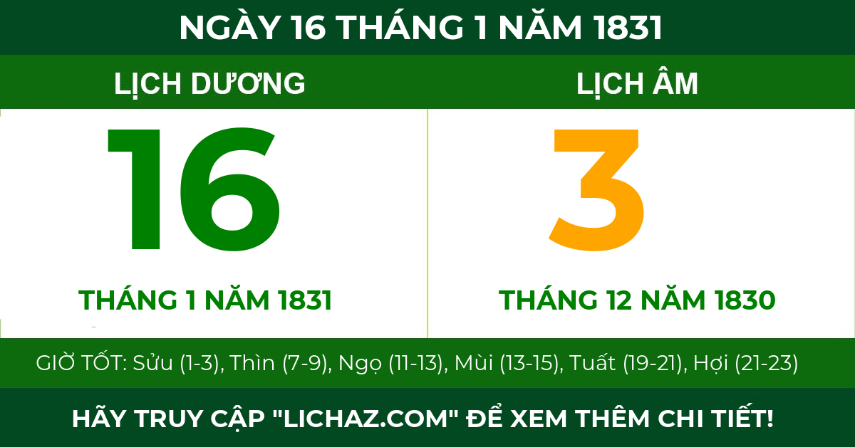 lịch âm ngày 16 tháng 1 năm 1831