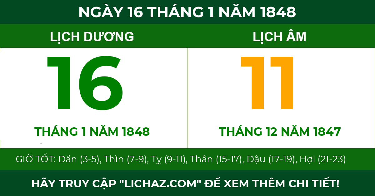 lịch âm ngày 16 tháng 1 năm 1848