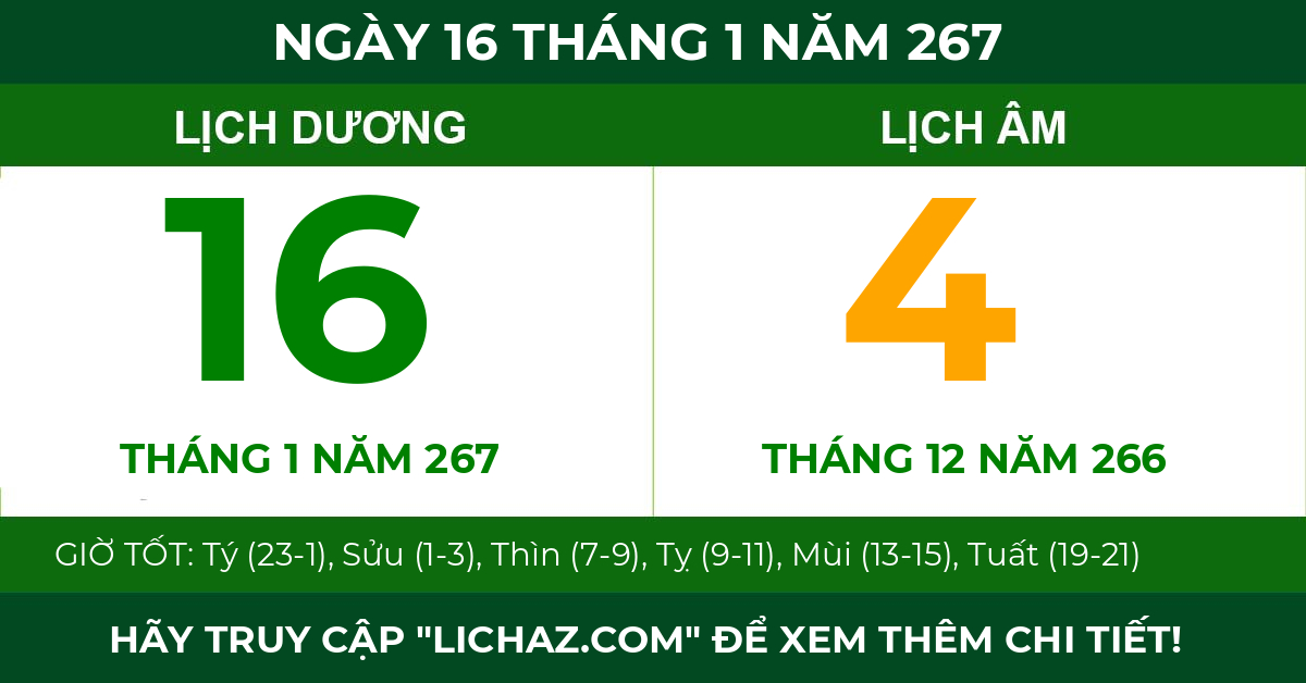 lịch âm ngày 16 tháng 1 năm 267