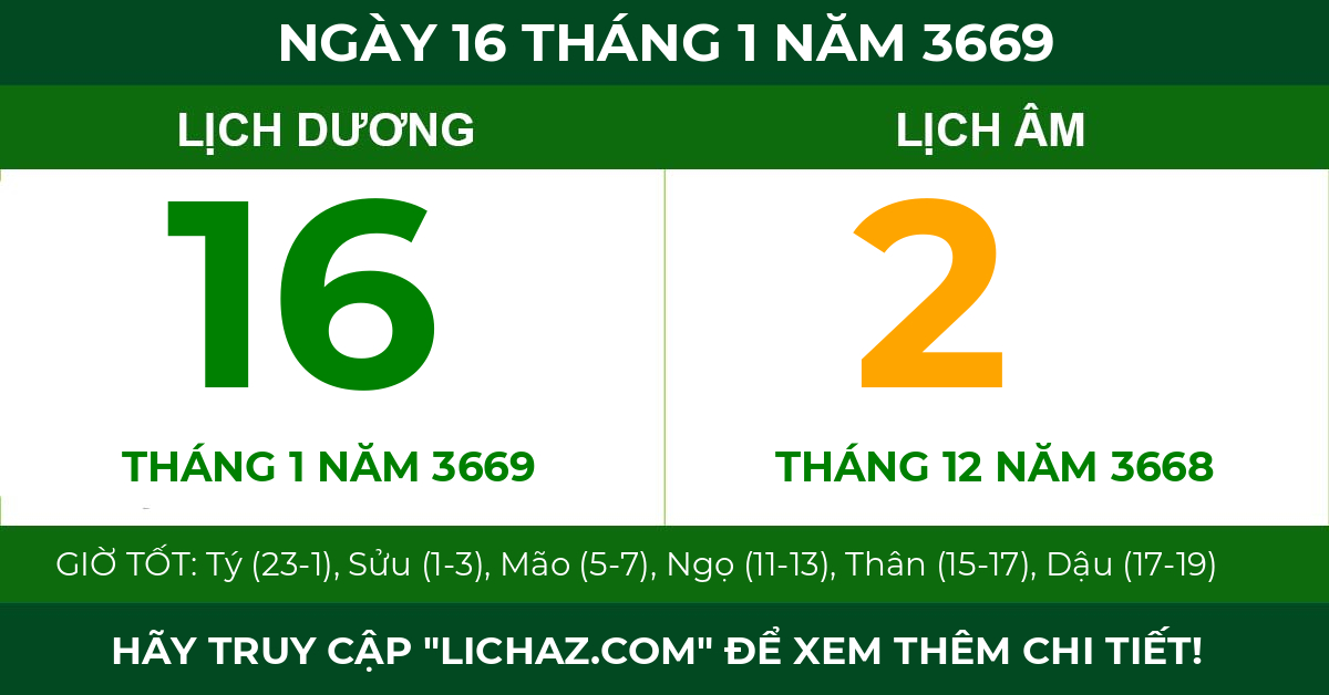 lịch âm ngày 16 tháng 1 năm 3669