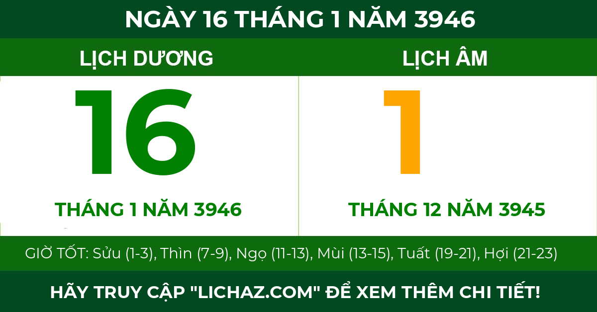 lịch âm ngày 16 tháng 1 năm 3946