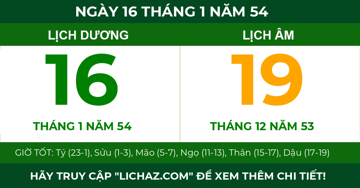 lịch âm ngày 16 tháng 1 năm 54