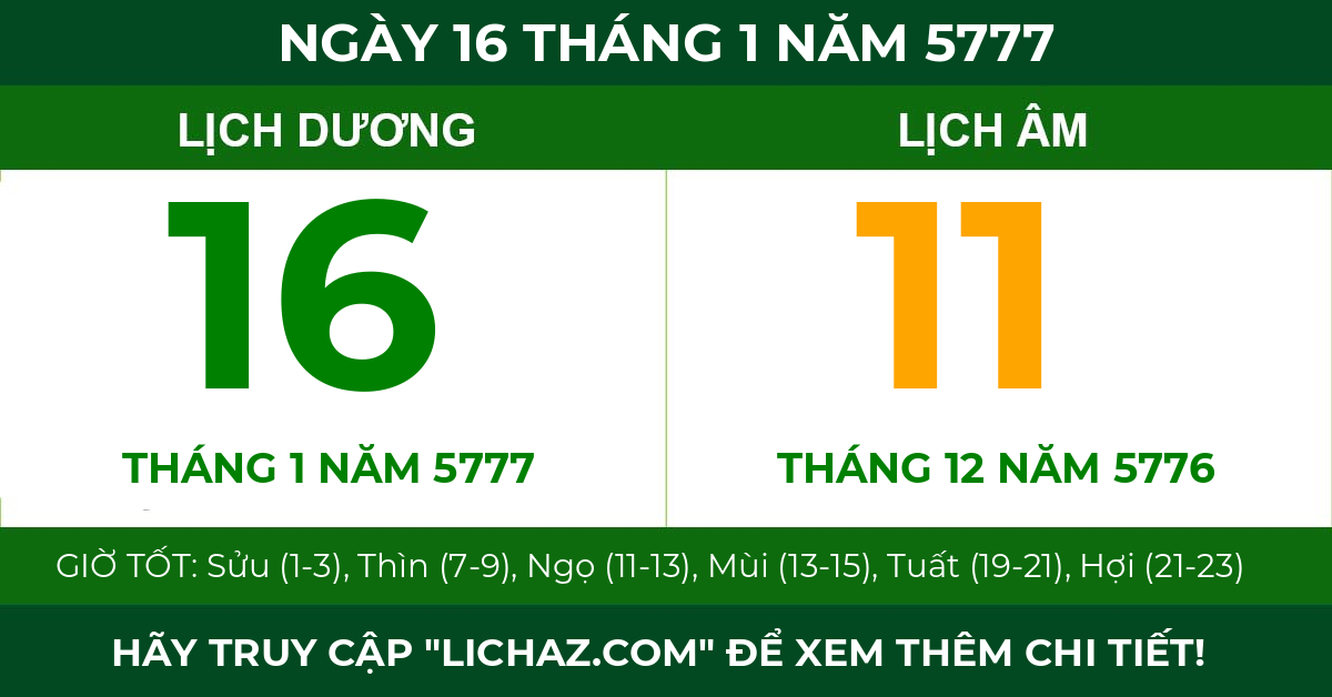 lịch âm ngày 16 tháng 1 năm 5777