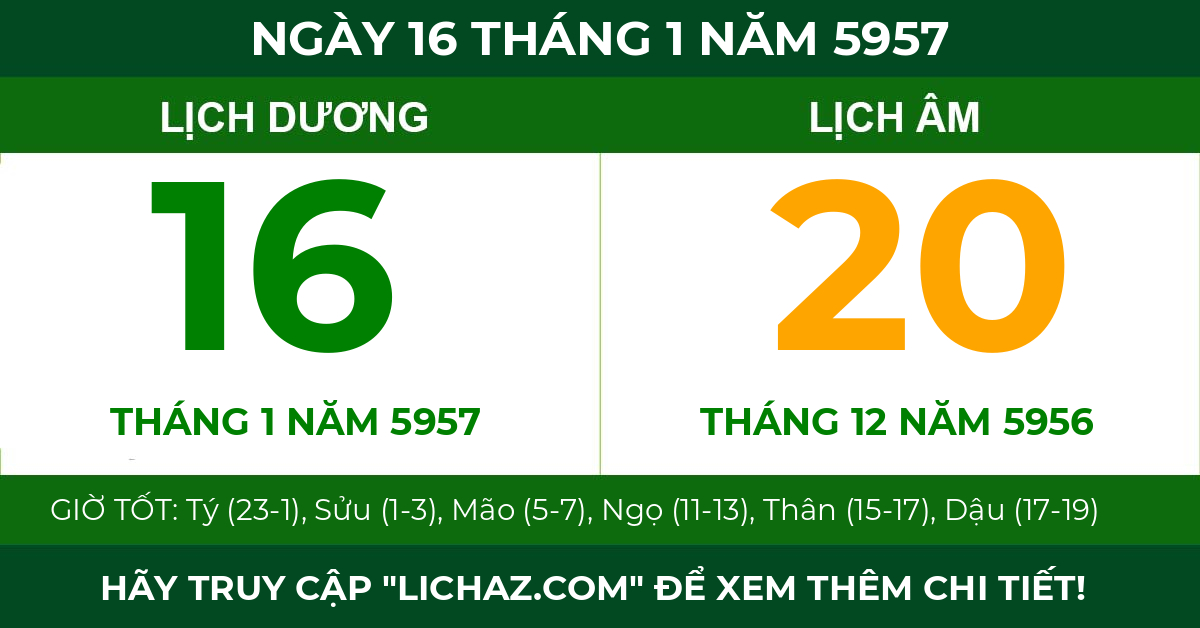 lịch âm ngày 16 tháng 1 năm 5957