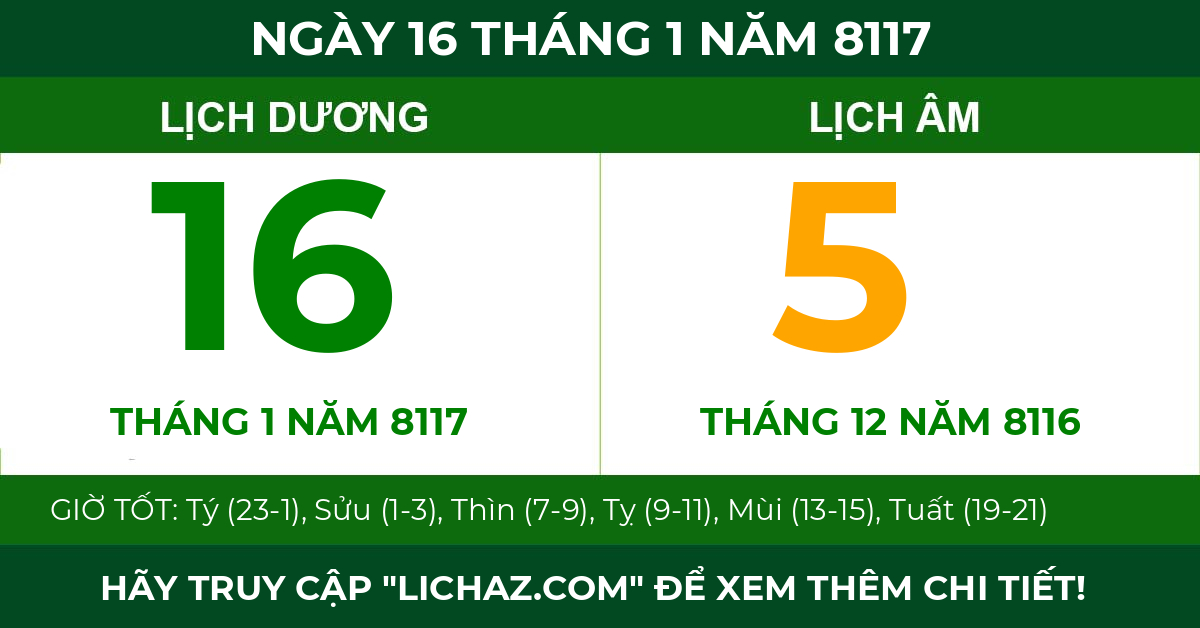 lịch âm ngày 16 tháng 1 năm 8117
