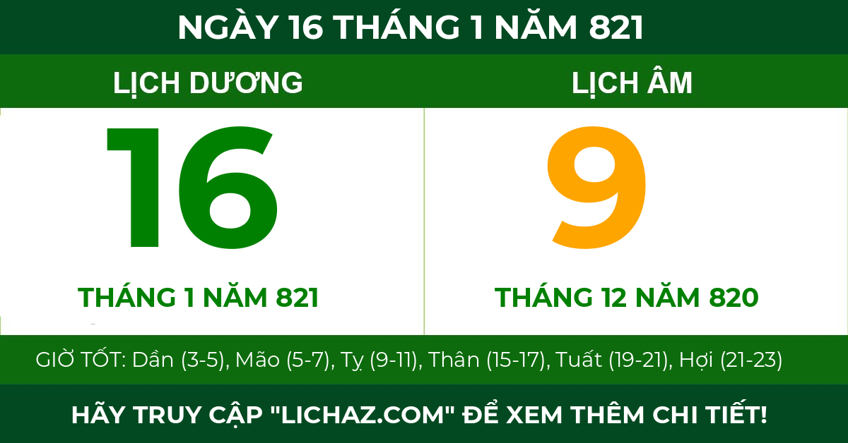 lịch âm ngày 16 tháng 1 năm 821