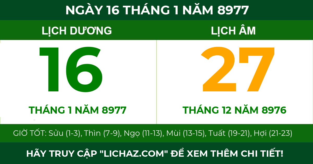lịch âm ngày 16 tháng 1 năm 8977