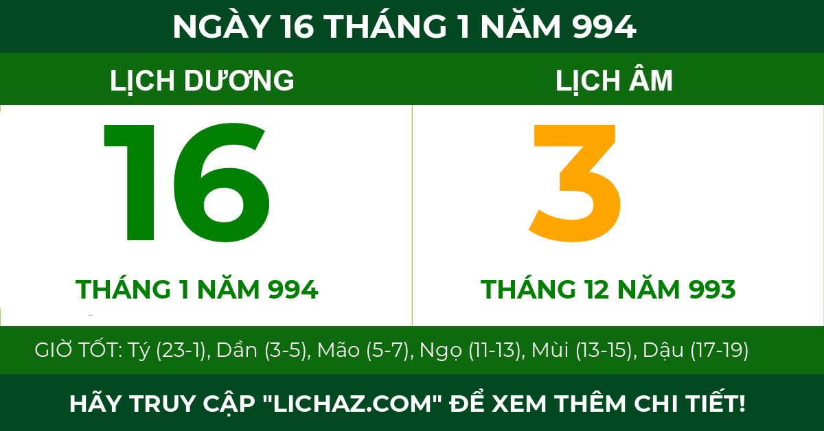 lịch âm ngày 16 tháng 1 năm 994