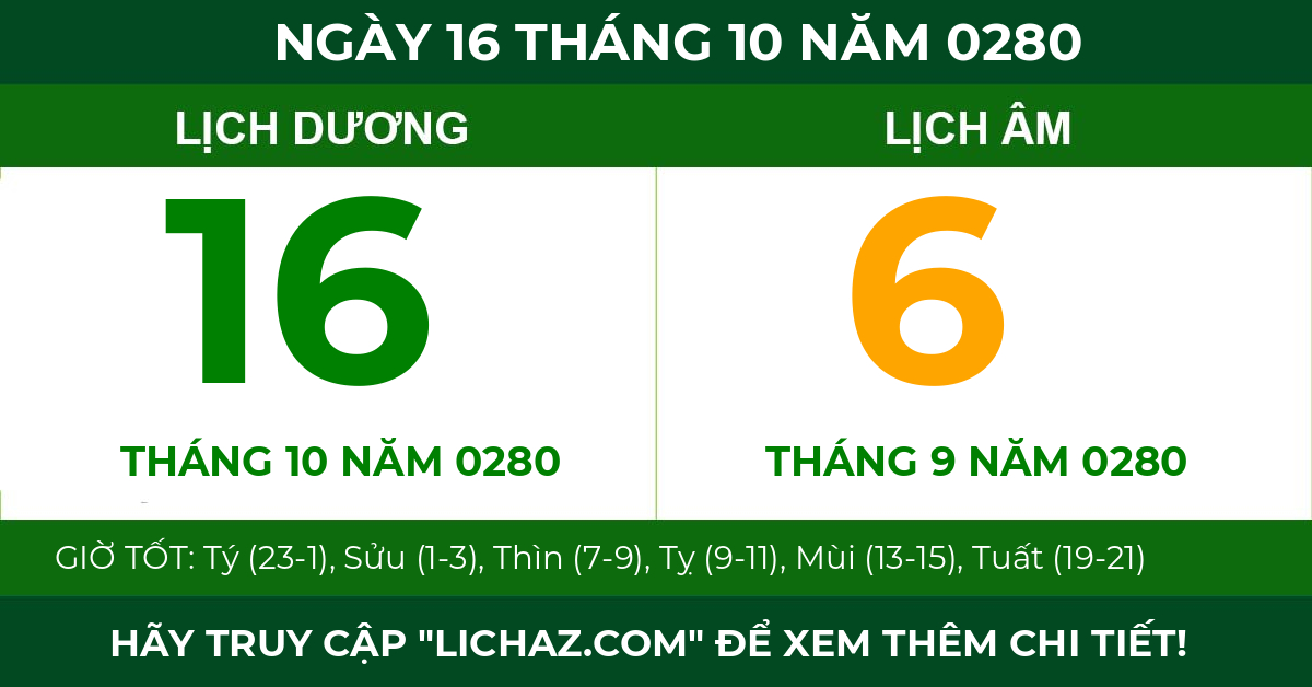 lịch âm ngày 16 tháng 10 năm 0280
