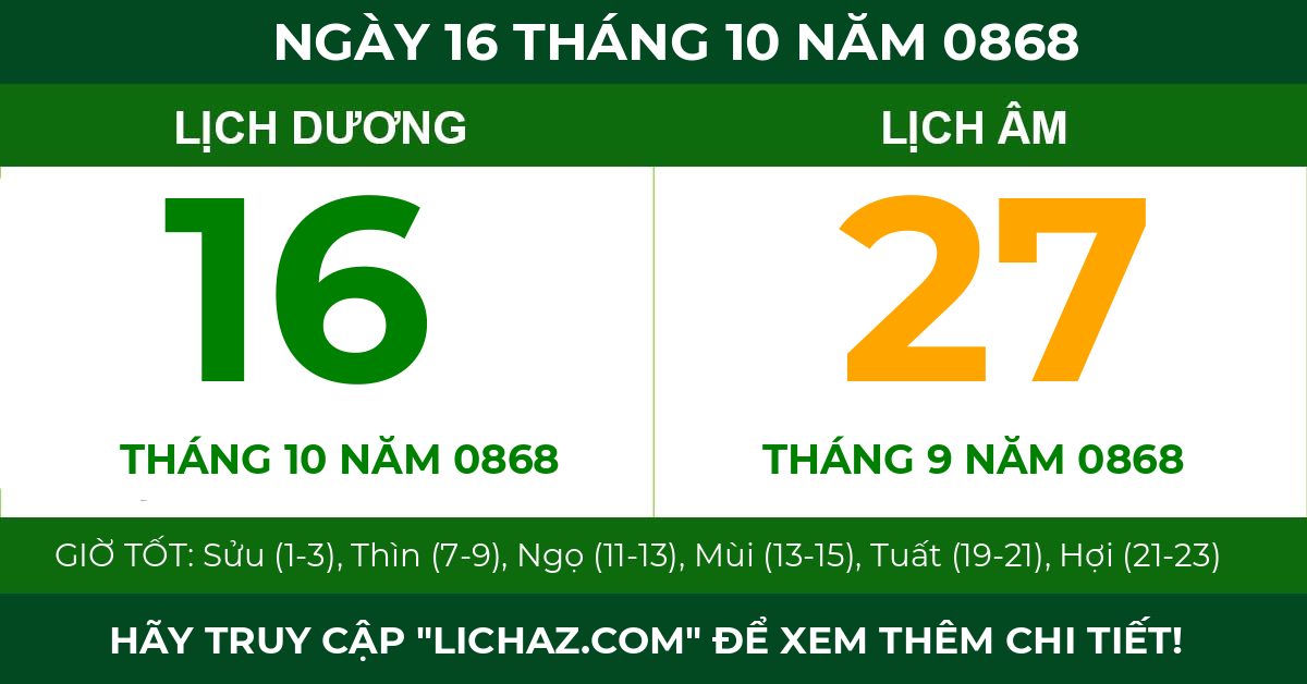 lịch âm ngày 16 tháng 10 năm 0868