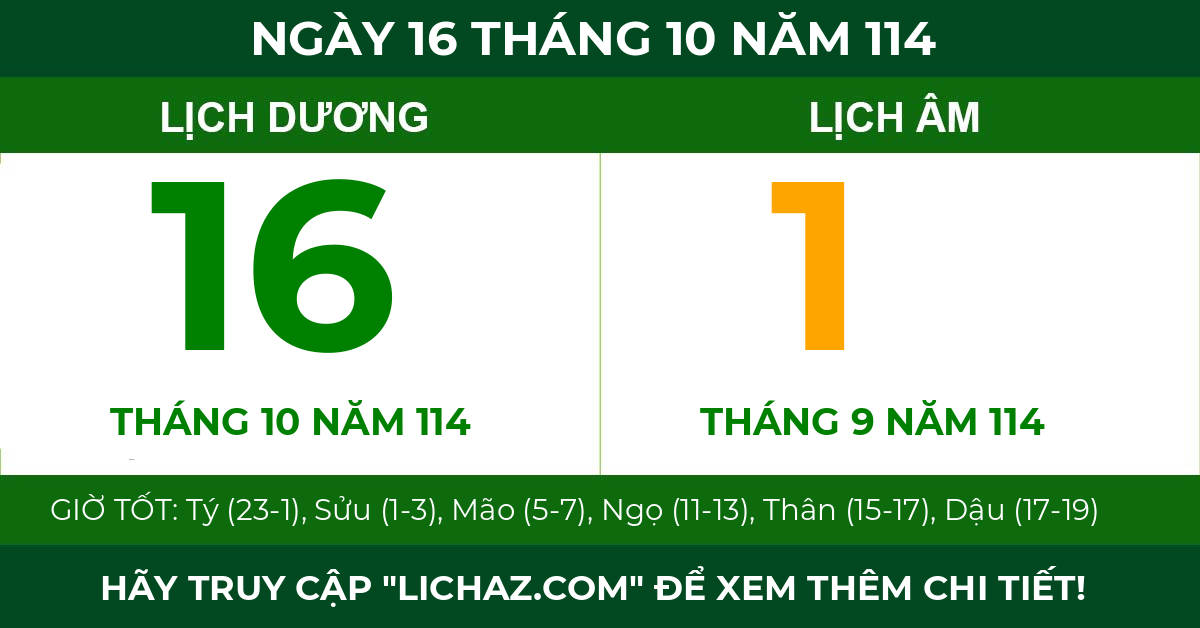 lịch âm ngày 16 tháng 10 năm 114
