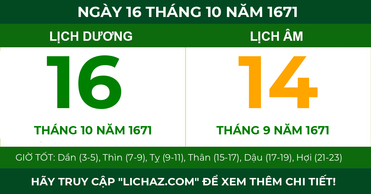 lịch âm ngày 16 tháng 10 năm 1671