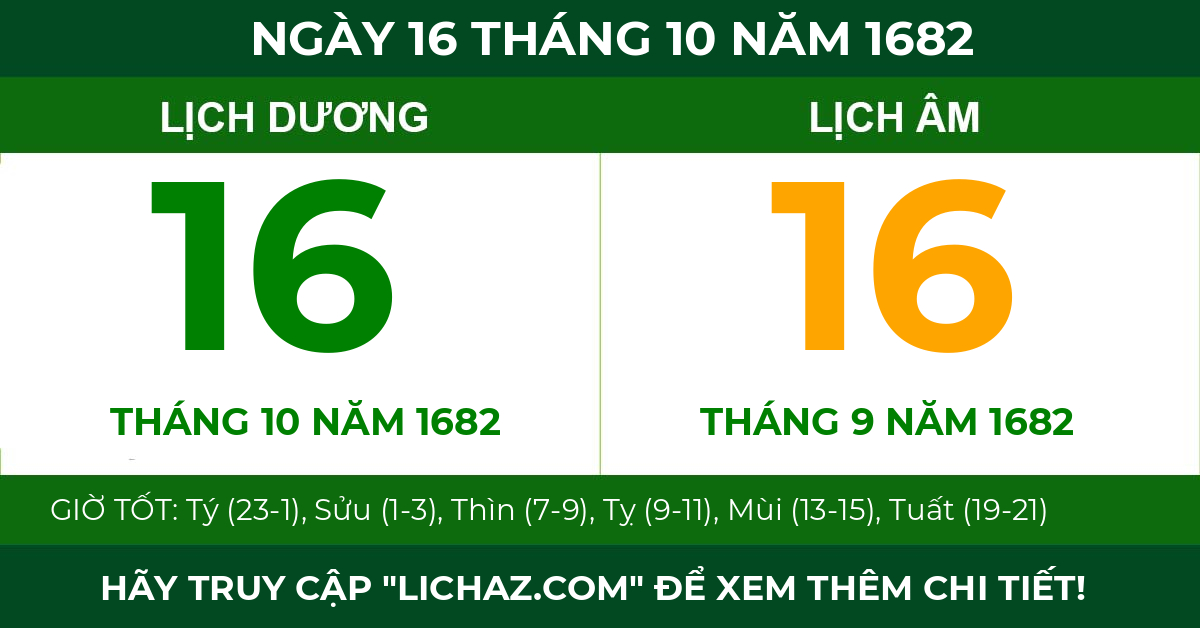 lịch âm ngày 16 tháng 10 năm 1682
