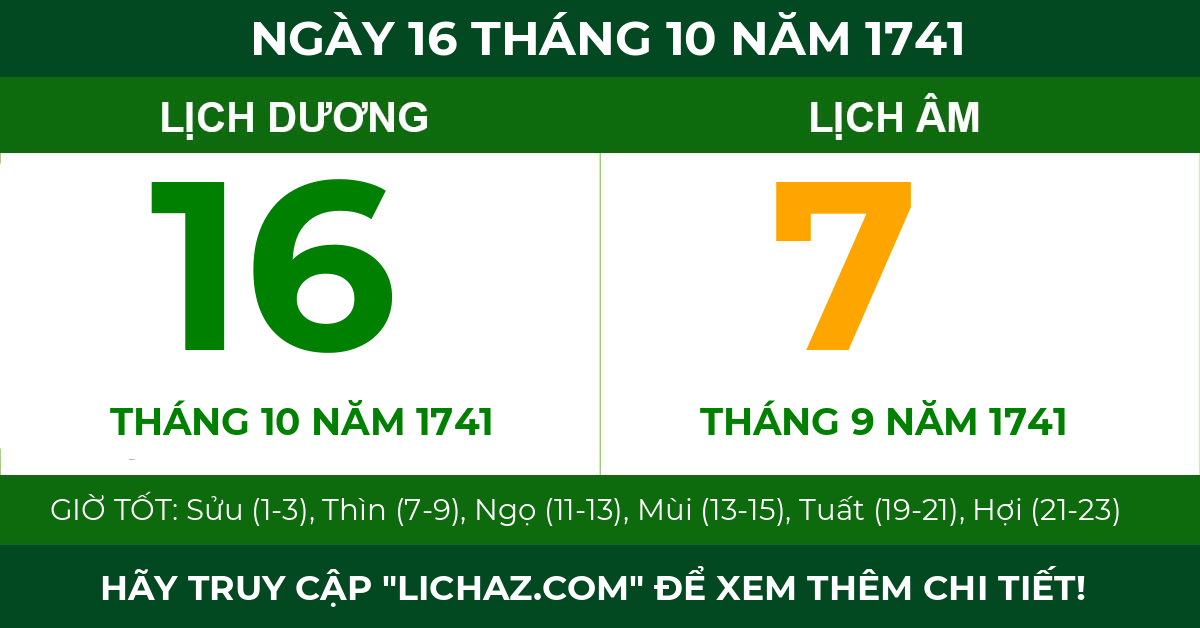 lịch âm ngày 16 tháng 10 năm 1741