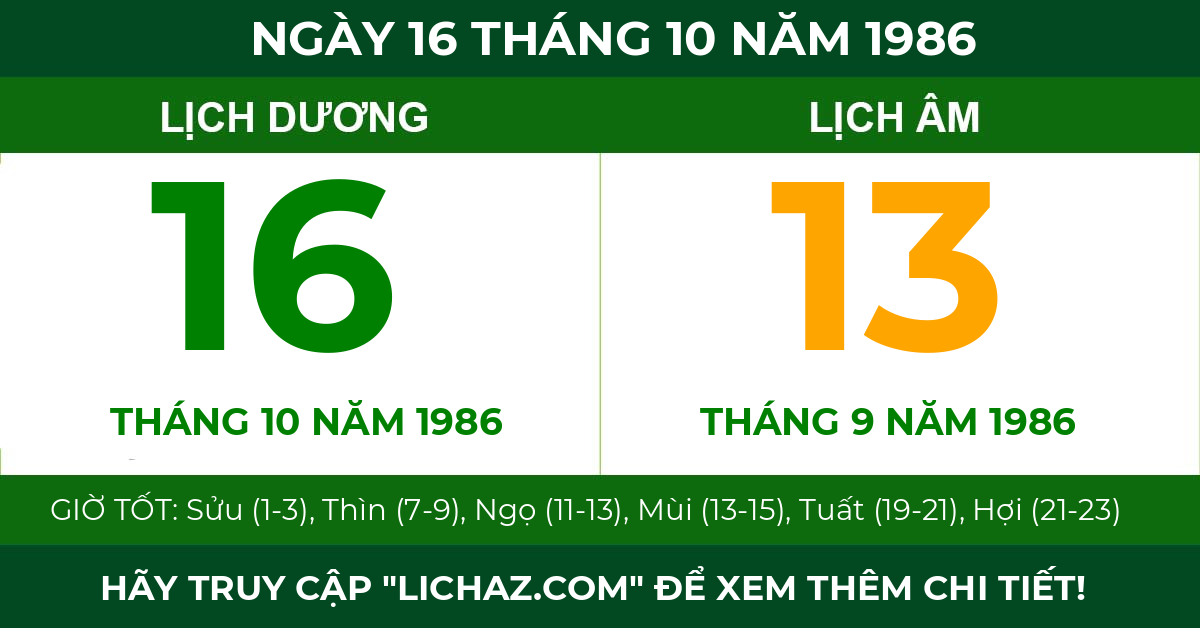 lịch âm ngày 16 tháng 10 năm 1986