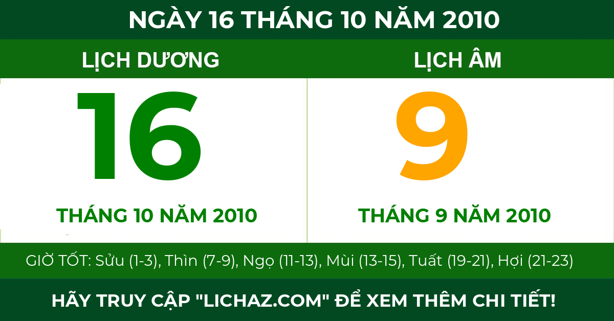 lịch âm ngày 16 tháng 10 năm 2010
