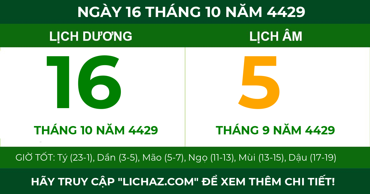 lịch âm ngày 16 tháng 10 năm 4429