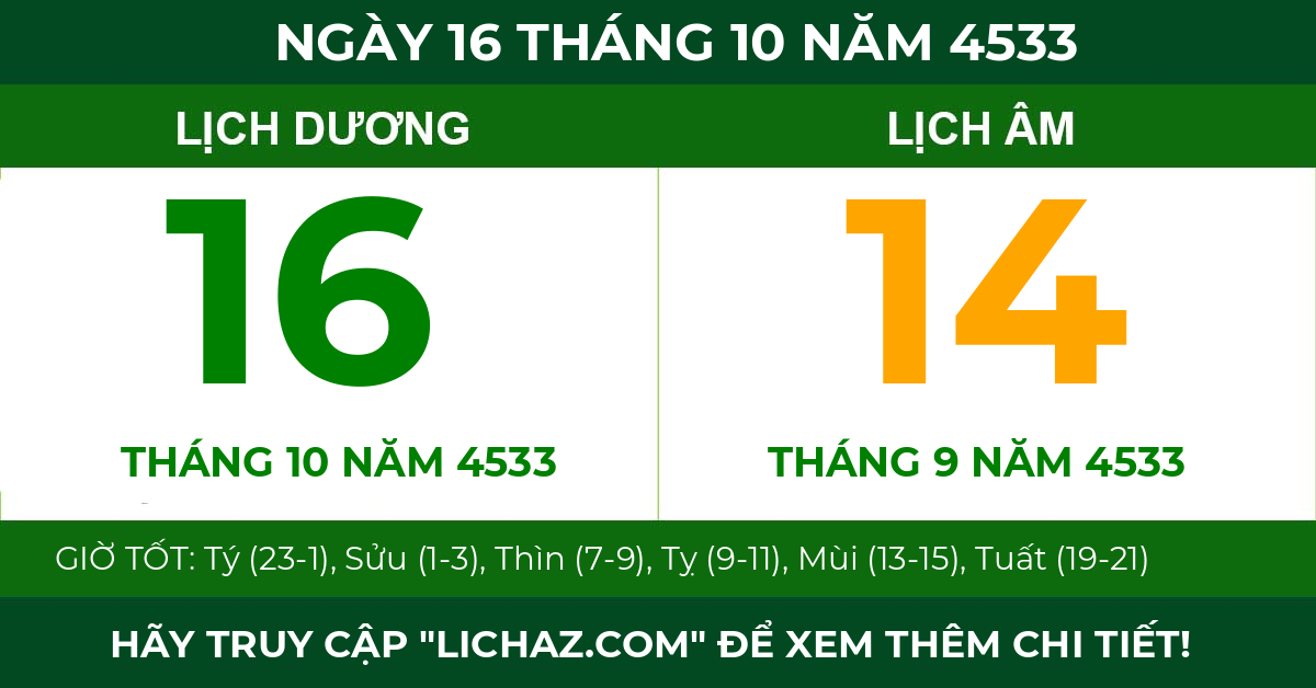lịch âm ngày 16 tháng 10 năm 4533