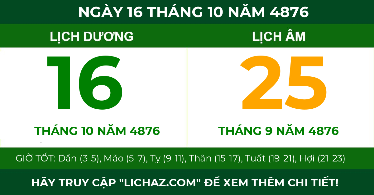 lịch âm ngày 16 tháng 10 năm 4876