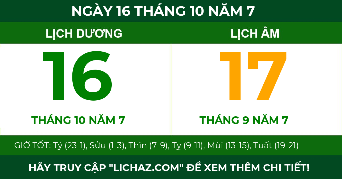 lịch âm ngày 16 tháng 10 năm 7