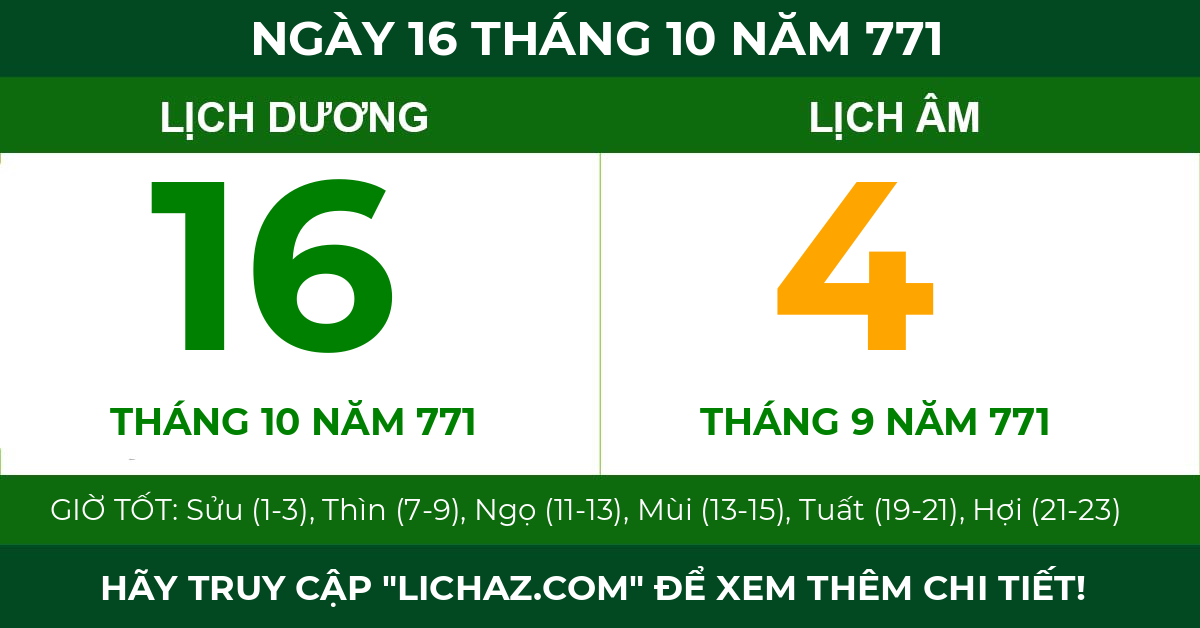 lịch âm ngày 16 tháng 10 năm 771